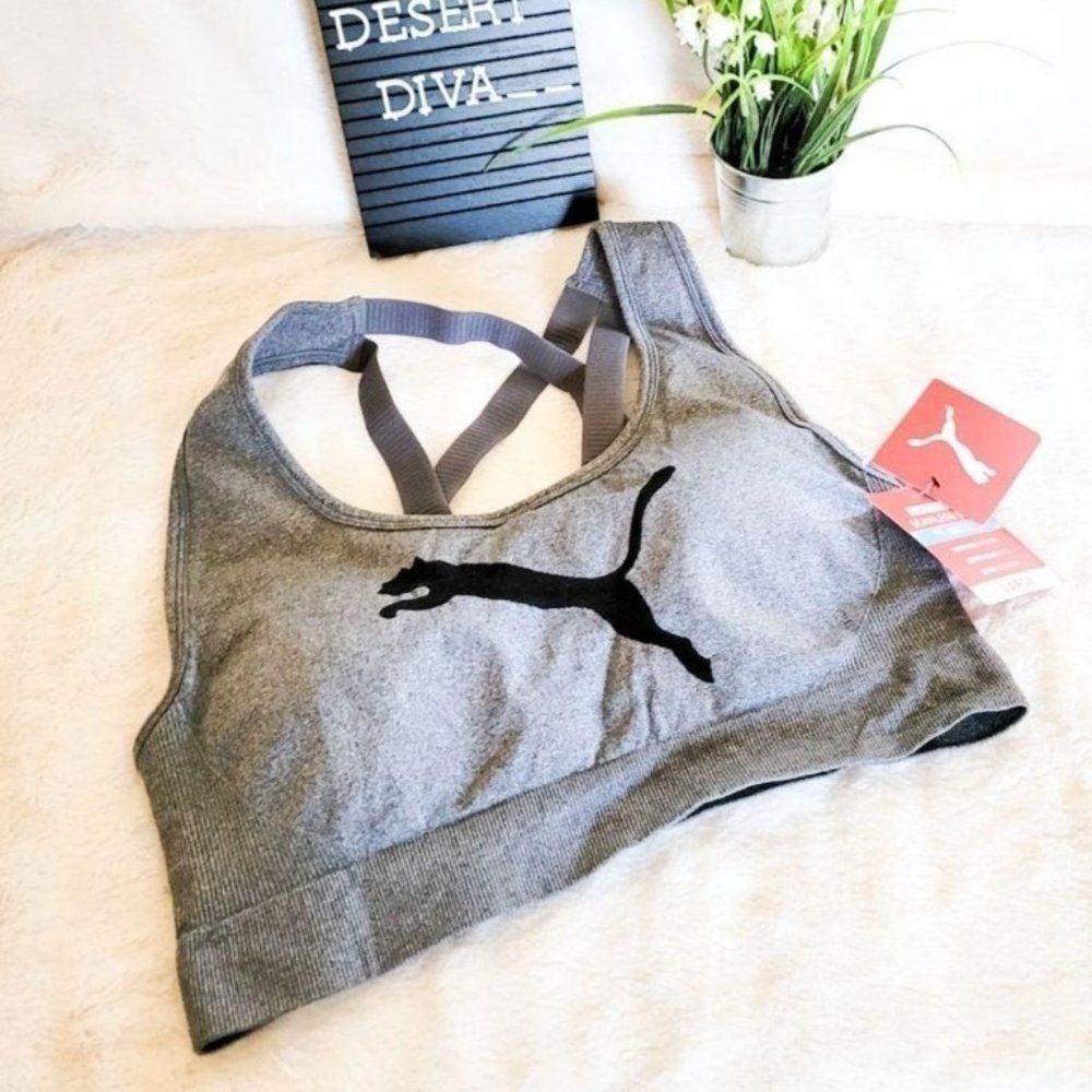 Puma Womens Sports Bra Grey L Seamless Strappy Racerback Logo Active Top New